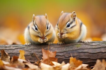 chipmunks stuffing their cheeks with acorns - obrazy, fototapety, plakaty