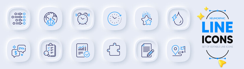 Fototapeta na wymiar Hydroelectricity, Ranking stars and Alarm clock line icons for web app. Pack of Time change, Magistrates court, Puzzle pictogram icons. Article, Checked calculation, Order signs. Journey. Vector