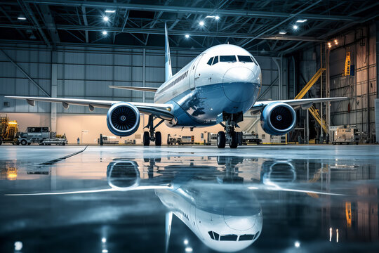 Passenger airplane on maintenance of engine and fuselage check repair in hangar