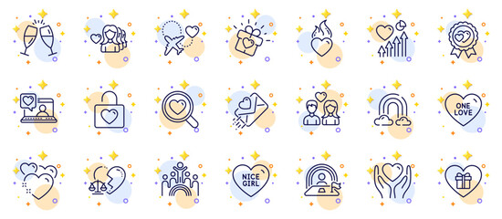 Outline set of Hold heart, Love gift and Couple love line icons for web app. Include Inclusion, Heart, Honeymoon travel pictogram icons. Lgbt, Rainbow, Wedding locker signs. Friends chat. Vector