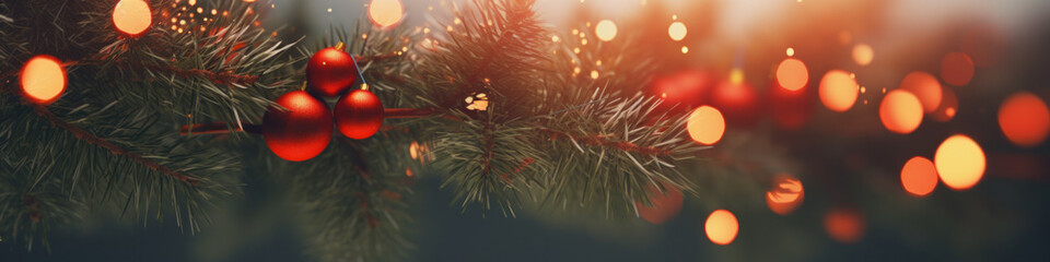 Christmas decorations on the Christmas tree on background. Selective focus with shallow depth of field. - obrazy, fototapety, plakaty