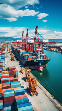 Container ship unloading freight or loads cargo at industrial port, vertical format
