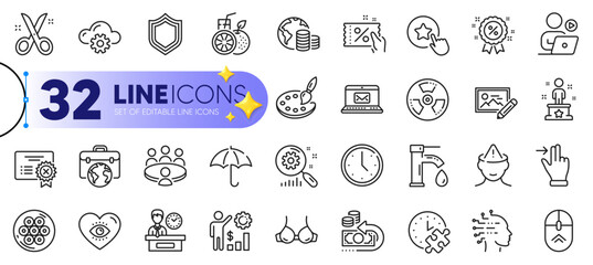 Outline set of Scissors, Video conference and Cable section line icons for web with Discount coupon, Meditation eye, Tap water thin icon. Security, Artificial intelligence. Vector