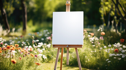 A mockup of a white canvas on an easel in the middle of a garden and flowers. Painting on a stretcher