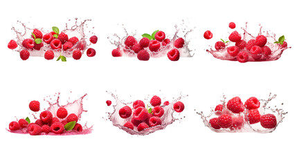 Collection of PNG. Raspberries in juice splash isolated on a transparent background.