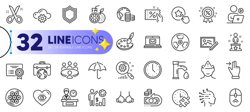 Outline set of Scissors, Video conference and Cable section line icons for web with Discount coupon, Meditation eye, Tap water thin icon. Security, Artificial intelligence. Vector