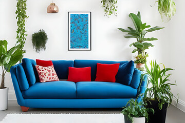 A Crimson Couch and Coffee Table, Potted Plants, Nile Blue Theme Wall with Vertical Blank Poster in a Minimalist Room