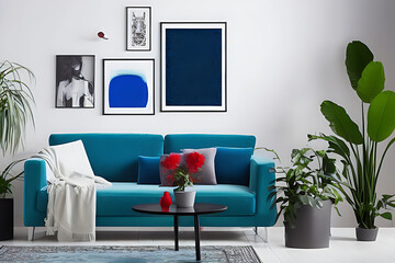 A Crimson Couch and Coffee Table, Potted Plants, Nile Blue Theme Wall with Vertical Blank Poster in a Minimalist Room