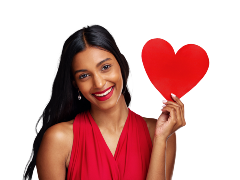 Portrait, heart and woman with romance on valentines day isolated on png transparent background for love. Red lips, emoji and happy female holding a shape or symbol of affection, care and kindness