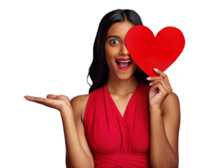 Surprise, paper heart and makeup in portrait, face and beauty for romantic sign on isolated transparent png background. Girl, fashion model and cardboard emoji for love, hand palm and valentines day