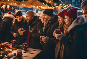 A group of people standing at a Christmas market