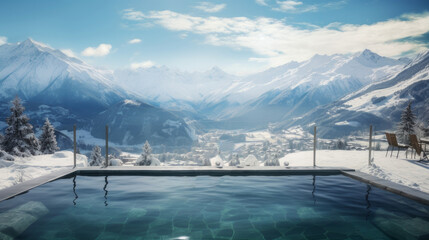Outdoor swimming pool among the snow against the backdrop of snow-capped mountains at a ski resort, during the winter holidays. - obrazy, fototapety, plakaty