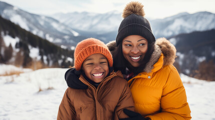 Fototapeta na wymiar Happy, smiling, afro american family mother with daughter snowy mountains at ski resort, during vacation and winter holidays.