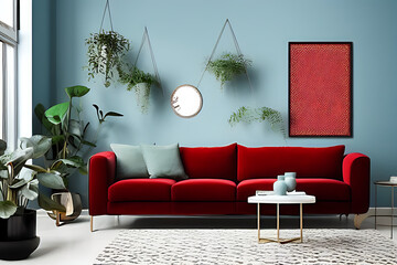 A Crimson Couch and Coffee Table, Potted Plants, Nile Blue Theme Wall with Vertical Blank Poster in a Minimalist Room