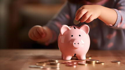 A child learns to save with his pink piggy bank,A prosperous future begins with small savings, Saving for a dream