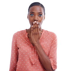 Woman, shock and what for secret, gossip and rumor or isolated on transparent png background. Black female person, surprise and emoji or omg, wtf and drama in portrait, huh and did you know or face - obrazy, fototapety, plakaty