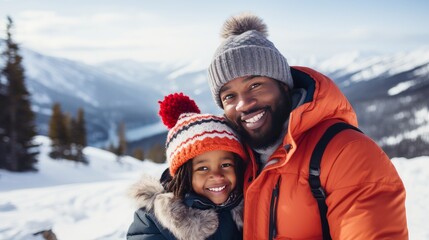 Fototapeta na wymiar Happy, smiling, afro american family dad with daughter snowy mountains at ski resort, during vacation and winter holidays.