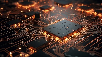 Complex electronic circuitry emphasizing microchip connections.