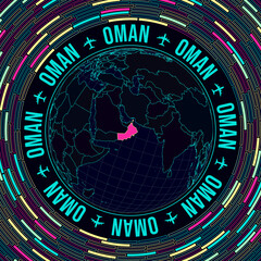 Oman on globe. Satellite view of the world centered to Oman. Bright neon style. Futuristic radial bricks background. Attractive vector illustration.