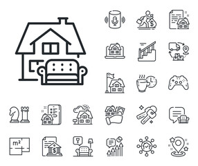 Home sofa sign. Floor plan, stairs and lounge room outline icons. Furniture moving line icon. House couch symbol. Furniture moving line sign. House mortgage, sell building icon. Real estate. Vector