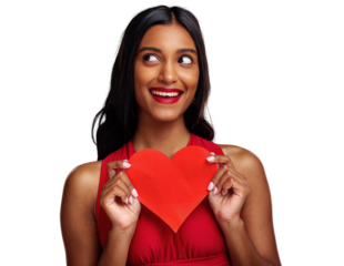 Thinking, heart and woman with card on valentines day isolated on png transparent background for love. Red lips, emoji and happy young female holding a shape or symbol of affection, care or ideas