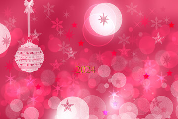 Abstract blurred festive light red pink white winter christmas or Happy New Year background texture with white bokeh circles, balls and stars. Card 2024.