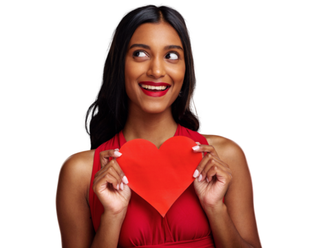 Thinking, heart and woman with card on valentines day isolated on png transparent background for love. Red lips, emoji and happy young female holding a shape or symbol of affection, care or ideas