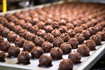 dark chocolate truffles on a production line