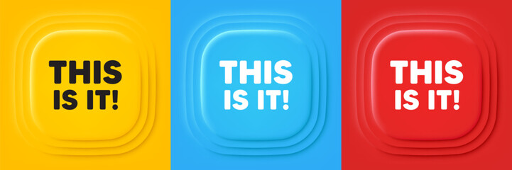 This is it tag. Neumorphic offer banners. Special offer sign. Super promotion symbol. This is it podium background. Product infographics. Vector