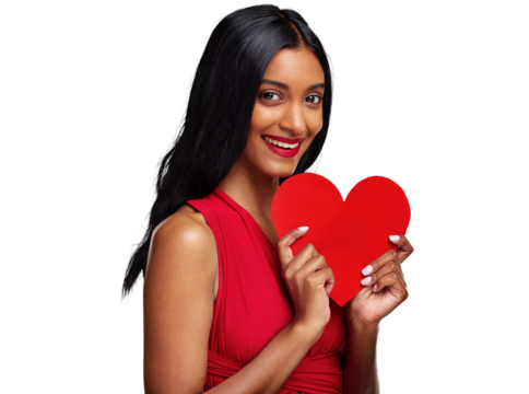 Portrait, heart or woman with romance on valentines day isolated on png transparent background for love. Red lips, emoji or happy young person holding a shape or symbol of affection, care or kindness