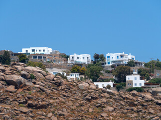 Top view of the residential buildings of Mykonos island in Greece