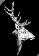 Naklejka premium Vintage engraving isolated deer set illustration ink sketch. Northern reindeer background stag silhouette art. Black and white hand drawn vector image