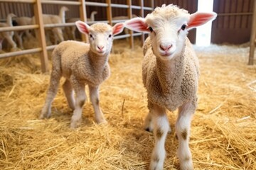 baby lamb standing beside a ewe in a clean, straw-filled pen