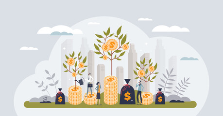 Investment growth garden with green business money and profit tiny person concept. Growing plant from coin stack as financial development and steady sustainable incomes vector illustration. - obrazy, fototapety, plakaty