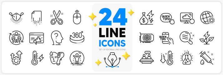 Icons set of Low thermometer, Swipe up and Teamwork line icons pack for app with Education, Seo marketing, Electricity power thin outline icon. Quick tips, World weather. Design with 3d stars. Vector
