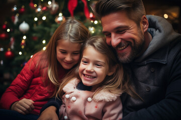 Happy family at the christmas tree