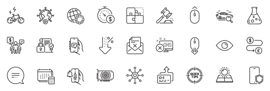 Icons pack as Globe, Reject access and Chat app line icons for app include Sun energy, Scroll down, Video conference outline thin icon web set. Money transfer, Puzzle, Teamwork pictogram. Vector