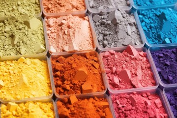 close-up of various colorful eyeshadow powders and pigments