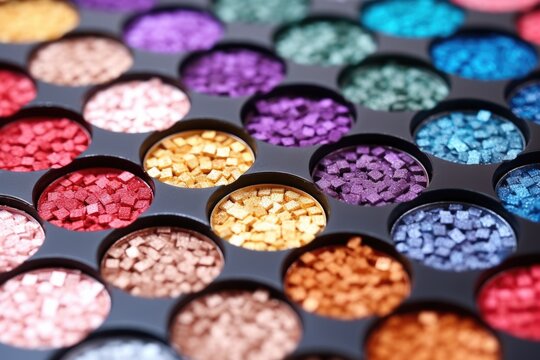 shot of rows of unpressed vibrant eyeshadow pellets