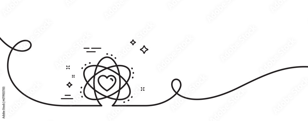 Poster atom with heart line icon. continuous one line with curl. energy sign. chemical element symbol. atom