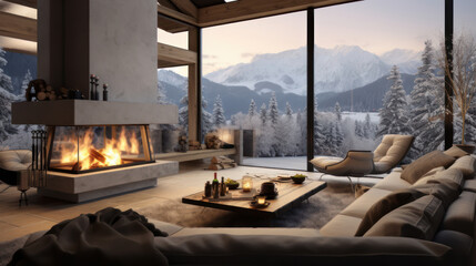 Cozy living room with panoramic window, fireplace with fire and view of winter mountains and forest at a ski resort and luxury hotel, during vacation and winter holidays.