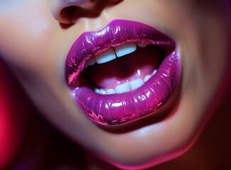 A Captivating Expression of Femininity and Sensuality in Purple Lips. A close up of a woman's lips and mouth. A close up of a woman's lips with bright purple lipstick - obrazy, fototapety, plakaty