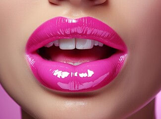 Naklejka premium Vibrant Pink Lips With a Captivating Glow. A close up of a woman's lips with bright pink lipstick