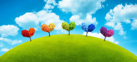 grass planet with trees in shapes of heart and rainbow colors, 3D illustration