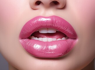 Obraz premium Vibrant Pink Lips With a Captivating Glow. A close up of a woman's lips with bright pink lipstick