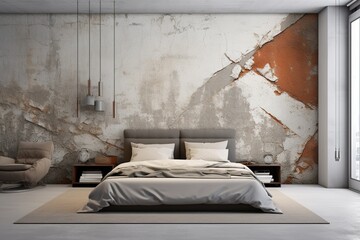 Interior of a bedroom with large grey bed, textured walls and sofa. Created with Ai