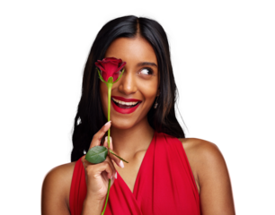 Excited woman, face and beauty with red rose for valentines day isolated on a transparent PNG background. Happy young Indian female person or model smile with flower in hand for romance or love
