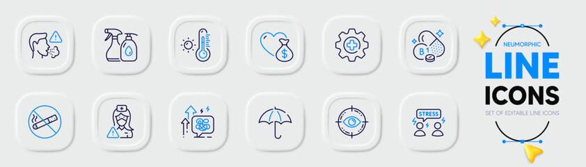 Difficult stress, No smoking and Umbrella line icons for web app. Pack of Weather thermometer, Cough, Nurse pictogram icons. Thiamine vitamin, Donation, Eye target signs. Stress grows. Vector