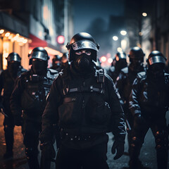 Police wearing riot control gear. A concept of rioting and social unrest. Generative ai.  - obrazy, fototapety, plakaty