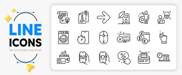 Cogwheel, Reject access and Laundry line icons set for app include Card, Next, Shop app outline thin icon. 5g internet, Online test, Petrol station pictogram icon. Timer app. Vector